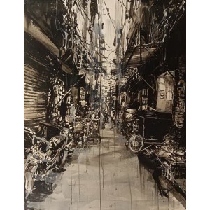 Khalid Khan-Kaay, 45 x 60 Inch, Acrylic on Canvas, Cityscape Painting, AC-KHKN-095 Khalid Khan-Kaay, 45 x 60 Inch, Acrylic on Canvas, Cityscape Painting, AC-KHKN-095